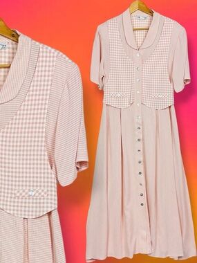 Vintage Gingham Plaid Button Down Cottagecore Short Sleeve Maxi Dress Pink 12